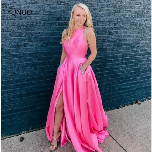YUNUO вечернее платье A Line Prom Formal Gowns O-neck Sleeveless Side Split Evening Dresses robe de soirée with Beading Pockets
