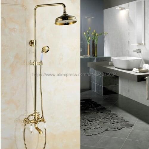 Polished Gold Bathroom Shower Faucet Set Single Handle 8" Rainfall Shower System with Tub Spout + Handshower Ngf371