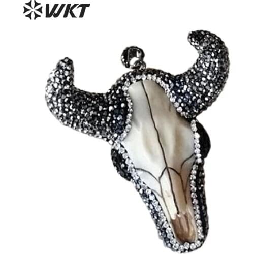 WKT Hot sale natural buffalo horn pendant cattle head horn pendant in high quality with rhinestone paved around