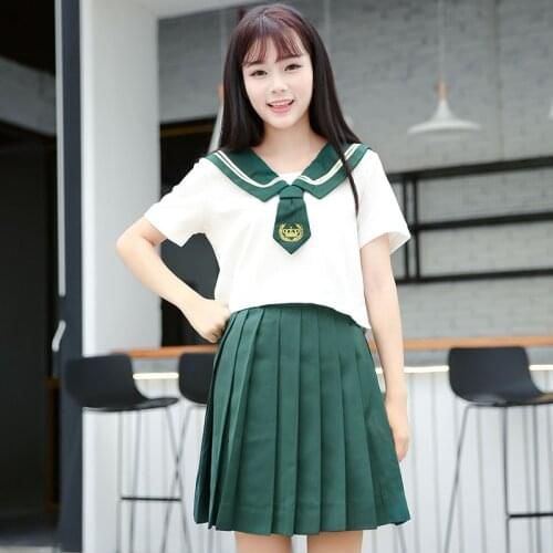 Japanese Student Uniform Jk Uniforms Green Sailor Suit College Cosplay Pleated Skirt Bow Tie Short Sleeve Suit S-XXL