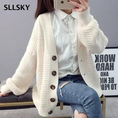 SLLSKY Womens Sweater Cardigan Jacket Korean Casual Female Loose Sweater Spring V-Neck Solid Trend Ladies Cardigans Sweater