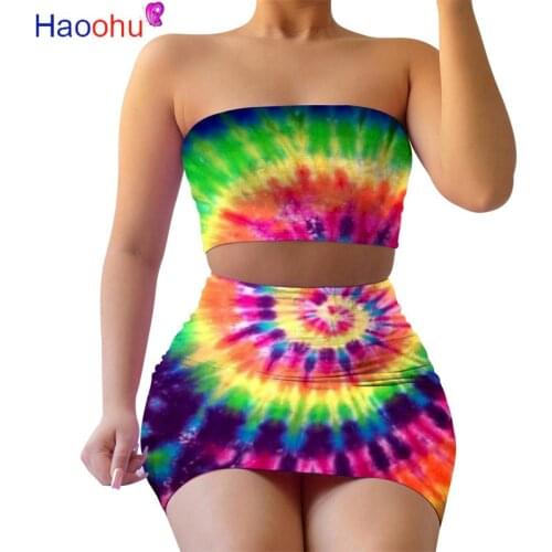 Rainbow Tie Dye Print 2 Piece Matching Set Women Clothes Off Shoulder Backless Crop Top Bodycon Mini Skirt Birthday Club Outfit
