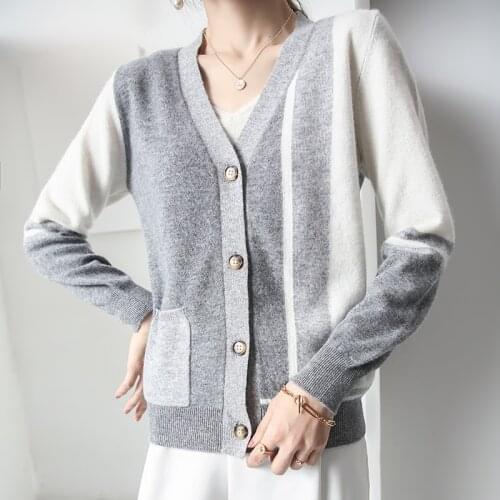 Autumn Womans Sweaters Chic Patchwork V-Neck Long Sleeve 100% Wool Knitted Female Cardigan Tops Coat Clothes Jumper Outwear Fit