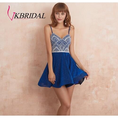VKBRIDAL Sexy Spaghetti Straps Short Prom Dresses 2019 Royal Blue Beaded Crystal Glitter Cocktail Party Dress