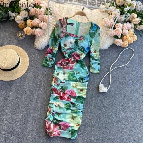 Celebrity Stylish Chic Sexy Elastic Mesh Slim Sheath Dress Womens Puff Sleeve Floral Print Bodycon Party Dress Women