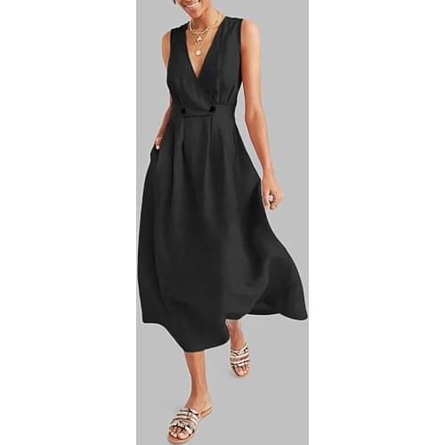 Swing Sleeveless Soild Dress for Women 2021 Summer Bohemian V-Neck Sexy Fashion High Waist A Line Elegant Party Banquet Dresses