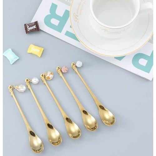 1PCS Tea Coffee Mixing Spoon Gold Spoon Long Handle Dessert Stainless Steel Vintage Teaspoons Drink Tableware With Pendant