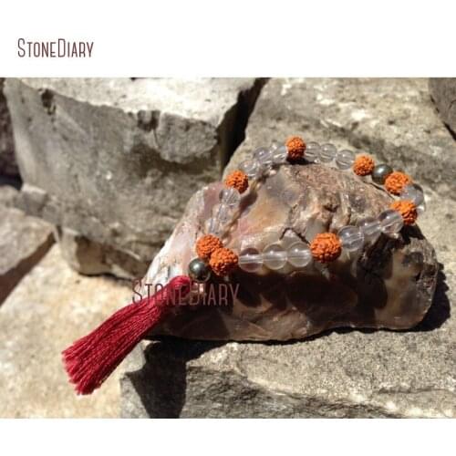 10inch Crystal Quartz Bohelian Bead Bracelet Rudraksha & Pyrite Stacking 27 Bead Quarter Mala Bracelet With Tassel Charm BM10998