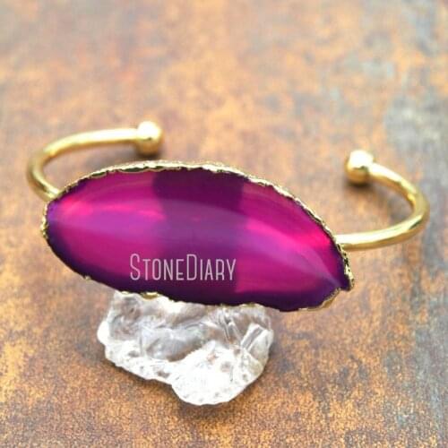 10Pcs Pure Gold Color Free Form Bangle Hot Pink Agates Bangle Adjustable BM14646