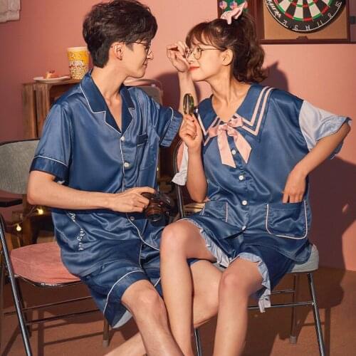 2021 Summer Couples Pajamas Women Men Silk Cool Sleepwear Pyjamas Cute Bow Boys Girls Nightgowns Homewear Lovers Leisure wear