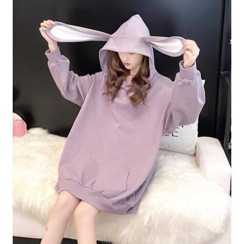 2021 autumn Sweet women hoodies Fashion cute rabbit ears hooded pullovers Lantern sleeve loose baggy female tops plus size