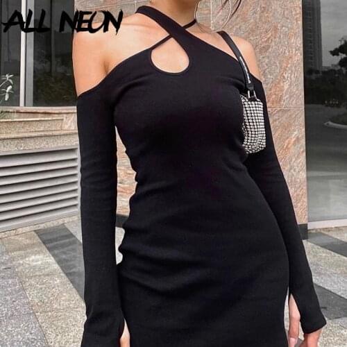 ALLNeon Mall Goth Y2K Cross-Criss Halter Black Mini Dress E-girl Streetwear Off Shoulder Long Sleeve Bodycon Dresses Hollow Out