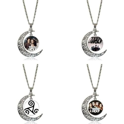 EJ Glaze Teen Wolf For Girls Jewelry With Silver Plated Glass Cabochon Crescent Moon Choker Long Pendant Necklace
