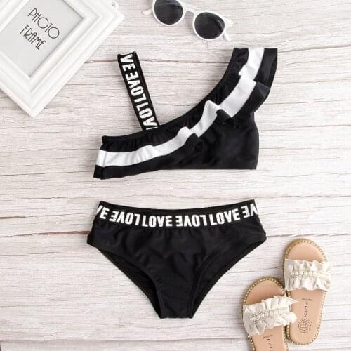 Young girls Swimsuit Letter One Shoulder Contrast Color Split Girls' Bikini Spot swimwear