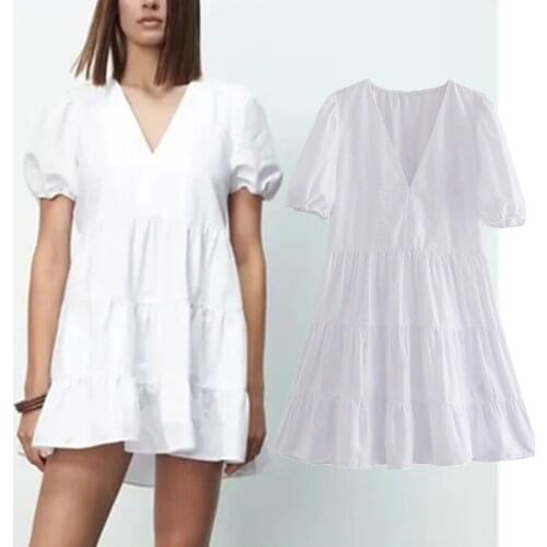 Jenny&Dave Mini Dress Women England Style Fashion Summer Dress Women Vestidos Indie Folk Vintage White Simple V-neck Party Tops