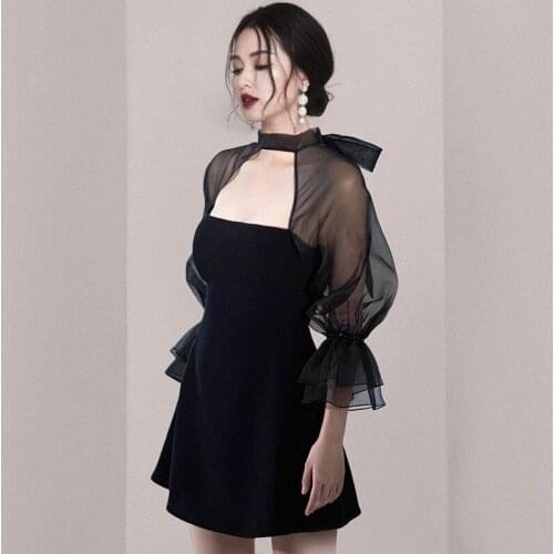 2021 spring new fashion small black skirt temperament design sense sexy mesh waist A-line dress