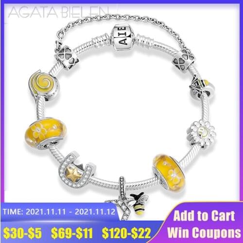 Wholesale 925 Sterling Silver Yellow bee series Finished product Bracelets with glass beads Bracelets for Women fashion Jewelry