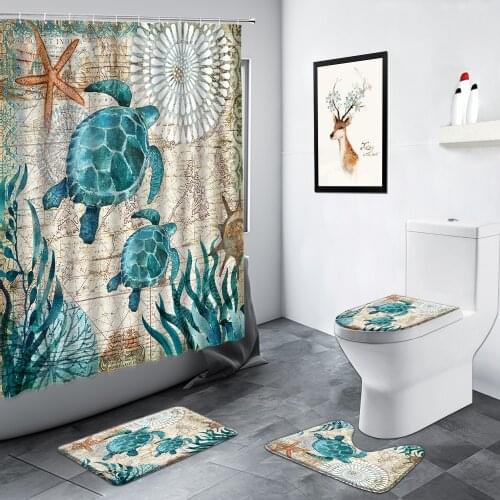 Retro Sea Turtle Shower Curtain Green Plants Starfish Dolphin Octopus Creative Home Decor Bathroom Carpet Non-slip Bath Mats Set