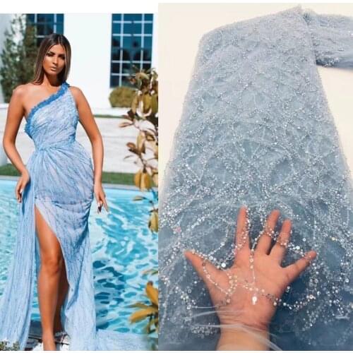 Luxury African Lace Fabric 2021 High Quality Embroidery Tube Beads Sequins Nigerian Lace Fabrics for Wedding Dress 5 Yards D4526