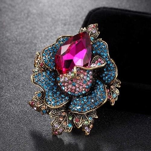 Zlxgirl Luxury Brand pink water drop rhinestone flower brooches jewelry for wedding bridal accessories womens vintage hijab pin