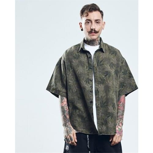 Summer Trend Mens Original Retro Cotton Short Sleeve Shirt Fashion Street Hip Hop Tree Hemp Leaf Pattern Loose Short Sleeve