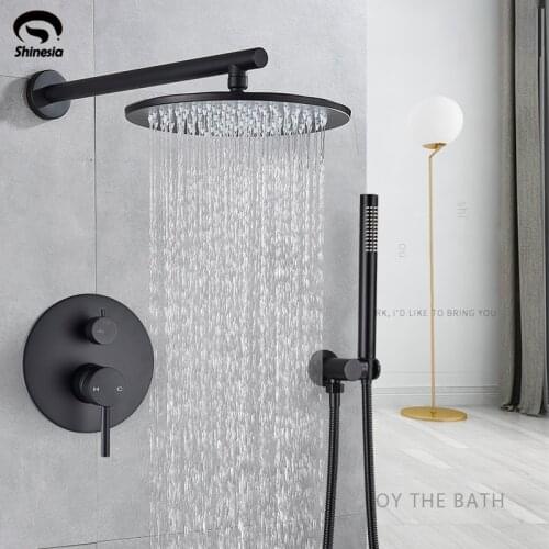 Shinesia Matte Black Round Concealed Bathroom Shower Faucet Set Wall Mount Rain Shower Faucet Tub Spout Hot Cold Mixer Tap
