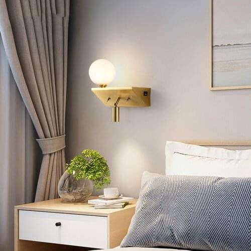 Nordic Copper Bedroom Headwall Lamp Living Room Double Headed Wall Lights Modern USB Socket for Bedside Mobile Phone Charging