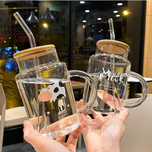 Cute Cow Glass Water Bottle With Straw With Wood Lid Milk Juice Cup Breakfast Home Office Water Cups