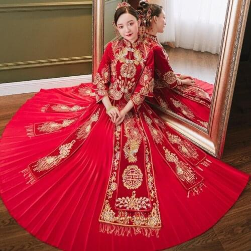 Traditional High Quality Feather Phoenix Embroidery Bride Groom Wedding Dress Retro Chinese Refined Stylish Marry Cheongsam