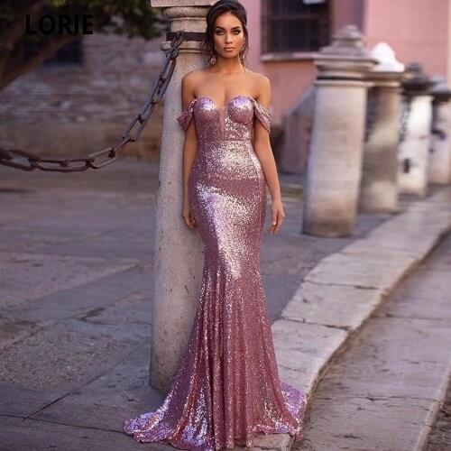 LORIE Off Shoulder V-neck Evening Dresses Mermaid Sequined Formal Long Prom Party Gown Plus Size Special Occasion Gowns 2020
