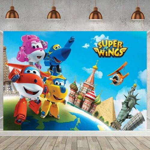 Super Wings Airplane Robots Cartoon Photo Background Kids Birthday Party Dessert Table Wall Poster Vinyl Backdrop For Home Decor