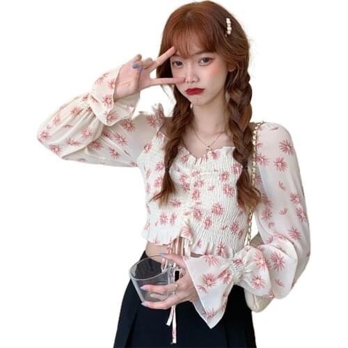 Girl Women T-Shirt Floral Print Ruffled Long Sleeve Square Neck Drawstring Crop Top T-Shirt Womens Clothing vetement femme 2021