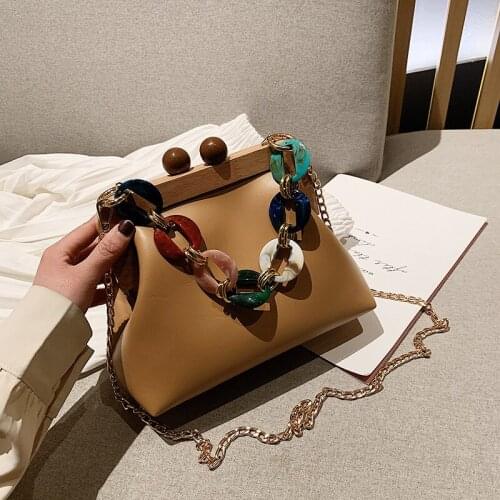 Female Fashion Shell Shoulder Bags Pu Leather Crossbody Bag Lady Vintage Purse Women Chain Wooden Clip Handbags Lady Clutches