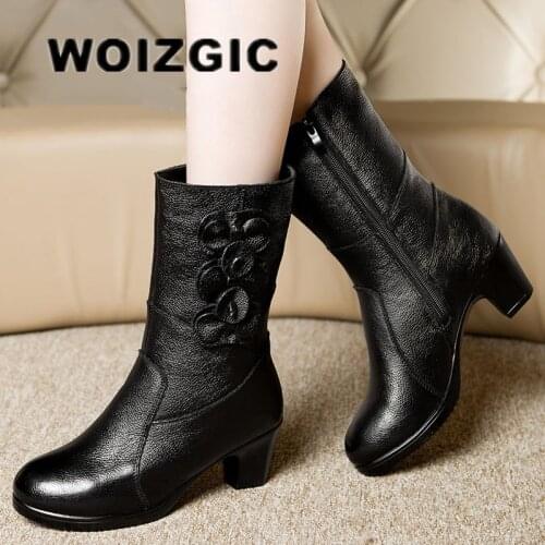 DONGNANFENG Women Ladies Female Old Mother Boots Shoes Cow Genuine Leather Flower Winter Fur Plush Zipper Warm 35-40 BH-6518