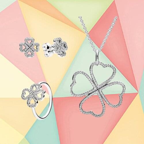 S925 Sterling Silver Love Petal Necklace Heart-shaped Clover Silver Earrings Ladies Ring Fashion Jewelry Set