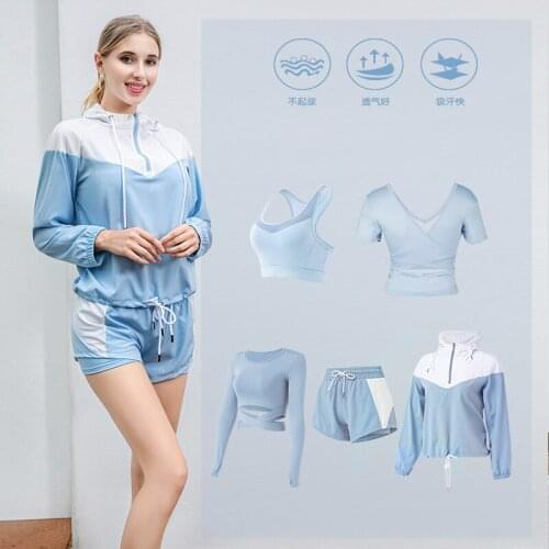 7 Piece Set Women Quick Dry Yoga Clothing Hooded Coats+T Shirt+Bra+Shorts+Pants+Leggings Fitness Gym Outdoor Sportswear Suits