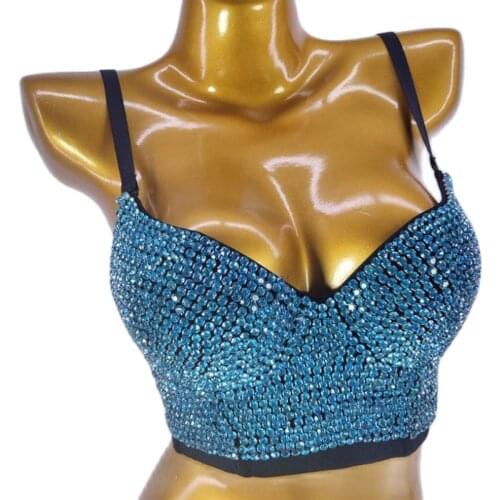 Shining Diamonds Woman Sexy Backless Bustier Push Up Corset Crop Top To Wear Out Nightclub Party Costume Uniform Glitter Vest