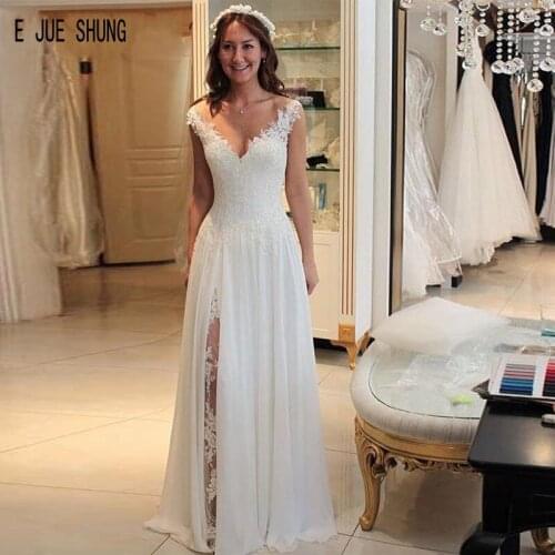 E JUE SHUNG Wedding Dresses Sheer Neck Lace Appliques Chiffon Bride Dresses Lace Up Back robe de mariee Boho Women Bridal Gowns