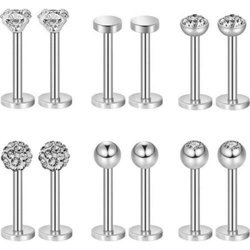 12pcs Labret Piercing 16G Lip Ring Crystal Lip Helix Piercing Tragus Earring Cartilage Stud Body Pircing Jewelry Labrets Studs