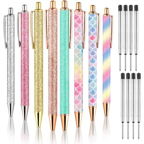 8Pcs Metal Ballpoint Pens 1.0 mm Retractable Ballpoint Pens Glitter Metal Pens with 8Pcs Refills for School Supplies