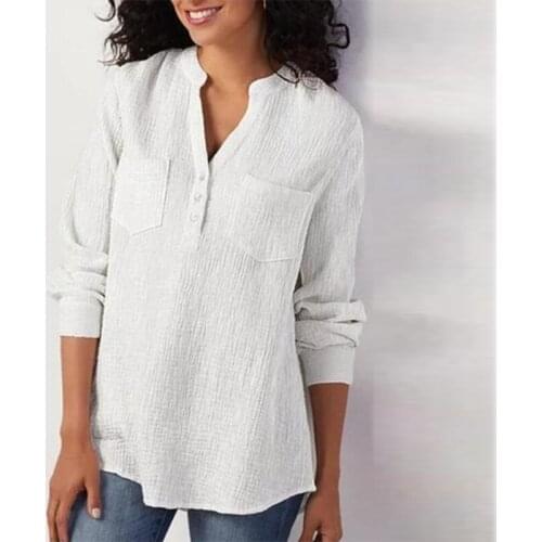 Cotton linen Loose Vintage Casual Womens Blouse Long Sleeve Soild V-neck Ladies Blouses 2021 Summer Autumn Homewear Female Tops