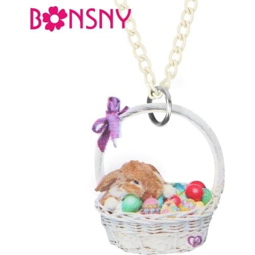 Bonsny Acrylic Basket Easter Eggs Hare Rabbit Bunny Necklace Choker Lovely Animal Pendant Chain Jewelry For Women Girls Kid Gift