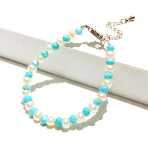 Lii Ji Girl Boy Jewelry Turquoises Pearl Bracelet for Kids 5+2inches/13cm+5cm Helps Negativity Protection Children Gift