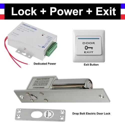 Drop Bolt Electric Mortise Door Lock + Power Supply box + Door Exit Button for Video doorbell Door Access Control System