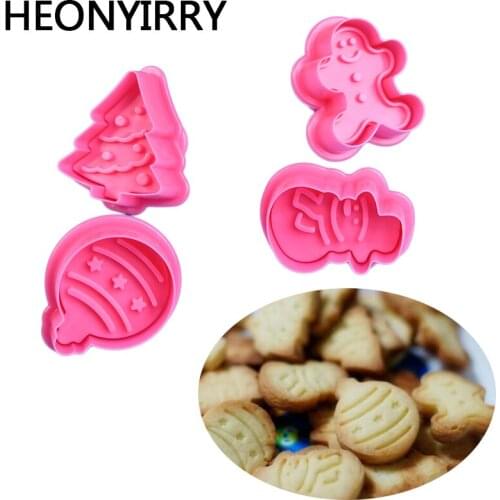 4pcs Stamp Biscuit Mold 3D Cookie Plunger Cutter Pastry Decorating DIY Food Fondant Baking Mould Tool Christmas Tree Snowman