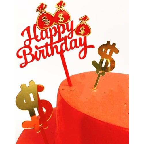 Happy Birthday Cake Topper Novelty Money Sign Rich Wishes Acrylic Cupcake Topper Flags For Boys Birthday Party Cake Decorations