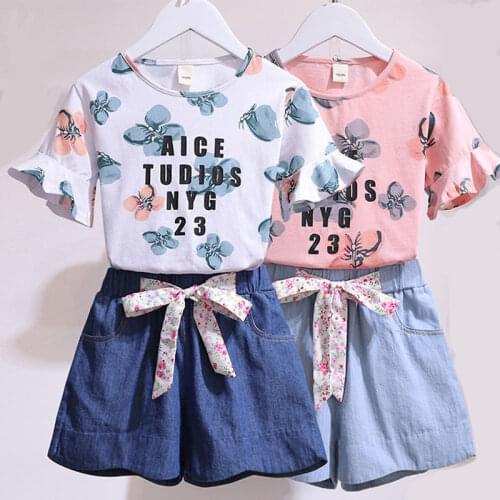 Teens 2021 Clothes Set Girls Summer Tee Shirt Print Clothes Outfits Denim Pants Shorts Clothing Suit for 4T 5 7 9 11 13 Years