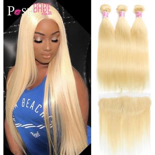 Honey Blonde 613 Color Remy Brazilian Hair Weave Straight Human Hair 2/3/4 Bundle with 1PC 13x4 Lace Frontal Closure Ear to Ear