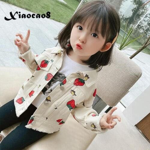 Cute Strawberry Denim Jacket for Girls Spring Autumn Childrens Jackets Toddler Baby Girl Coat Clothes Kids Pockets Jacket 6 8