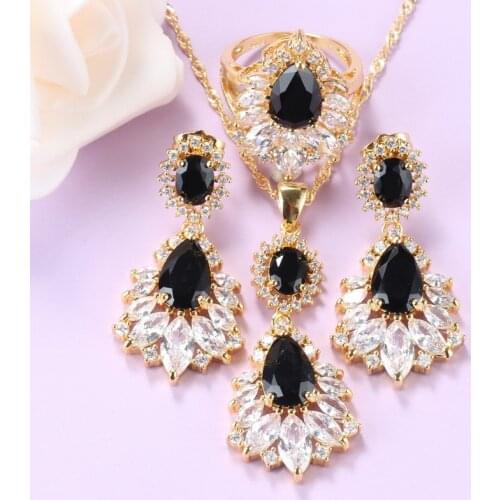 Punk Style Black Cubic Zircon Big Jewelry Sets Gold Color Trendy Costume Long Earrings Pendant And Necklace Ring Women Sets